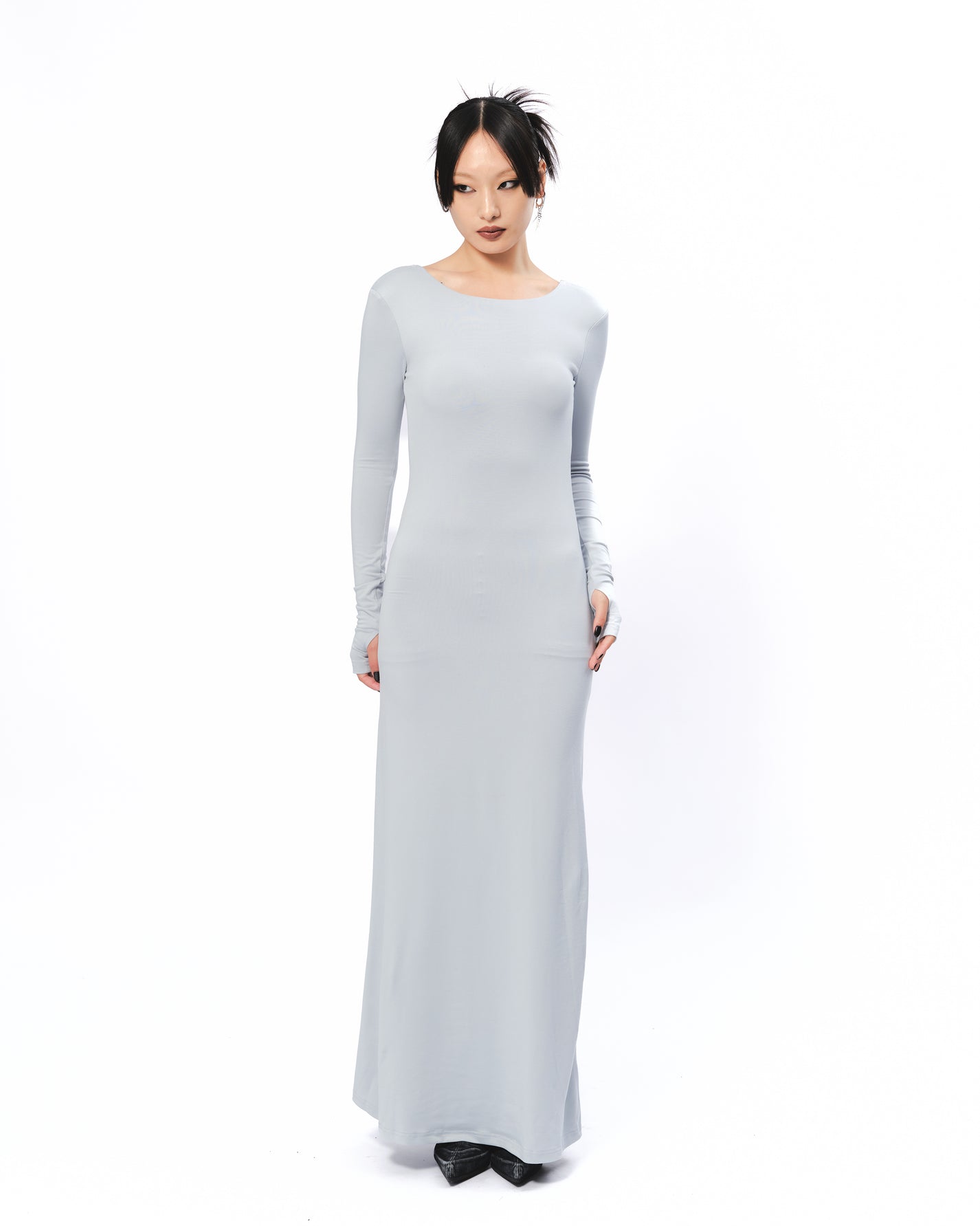 Backless Long Sleeve Maxi Dress - Gray