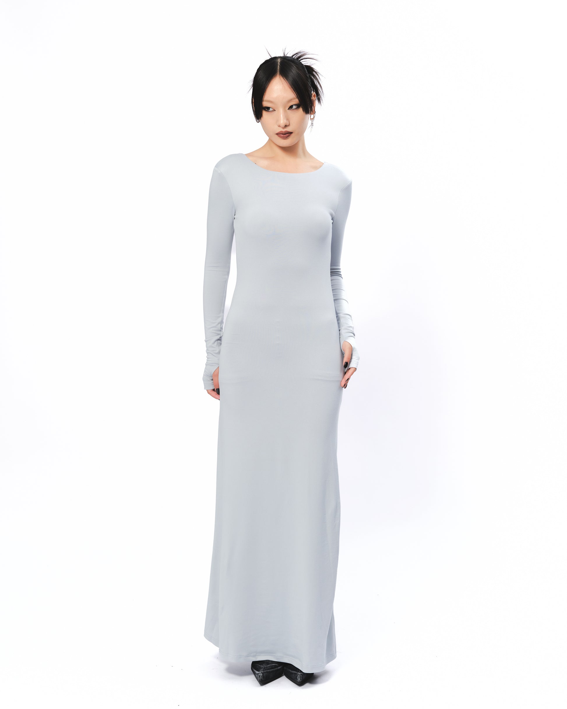 Backless Long Sleeve Maxi Dress - Gray