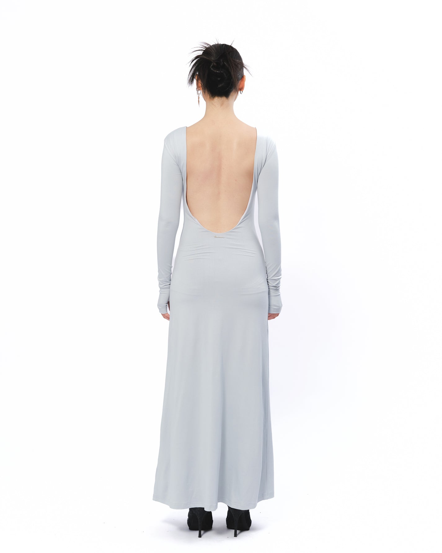 Backless Long Sleeve Maxi Dress - Gray