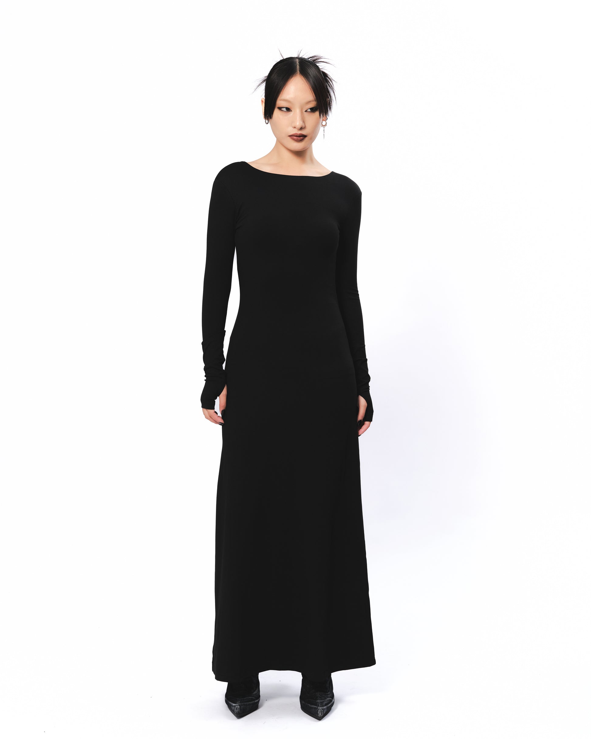 Backless Long Sleeve Maxi Dress - Black