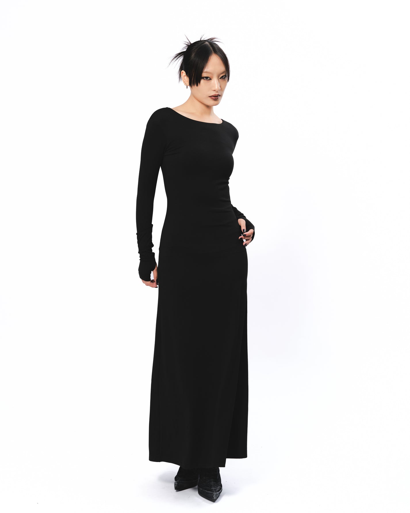 Backless Long Sleeve Maxi Dress - Black