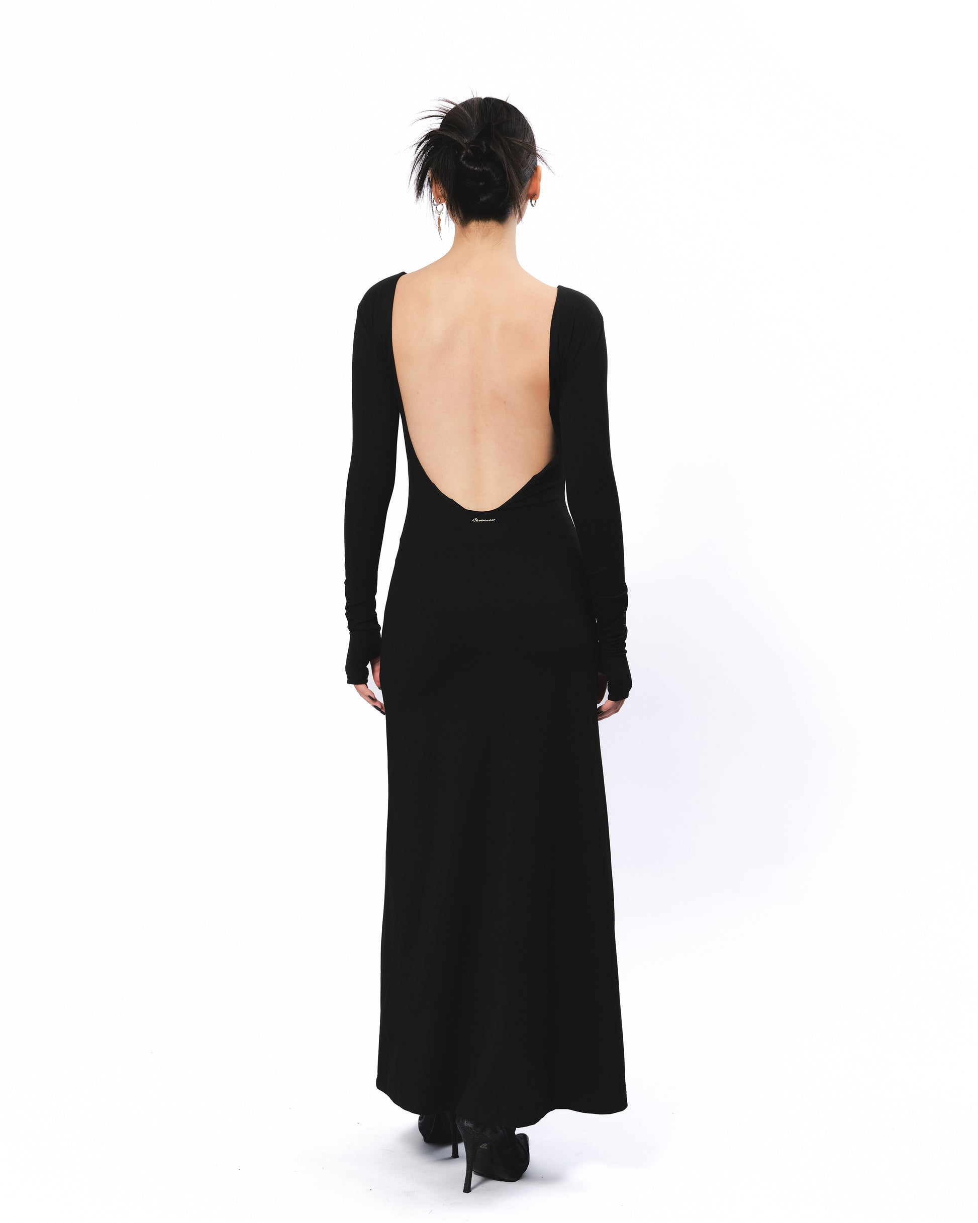 Backless Long Sleeve Maxi Dress - Black