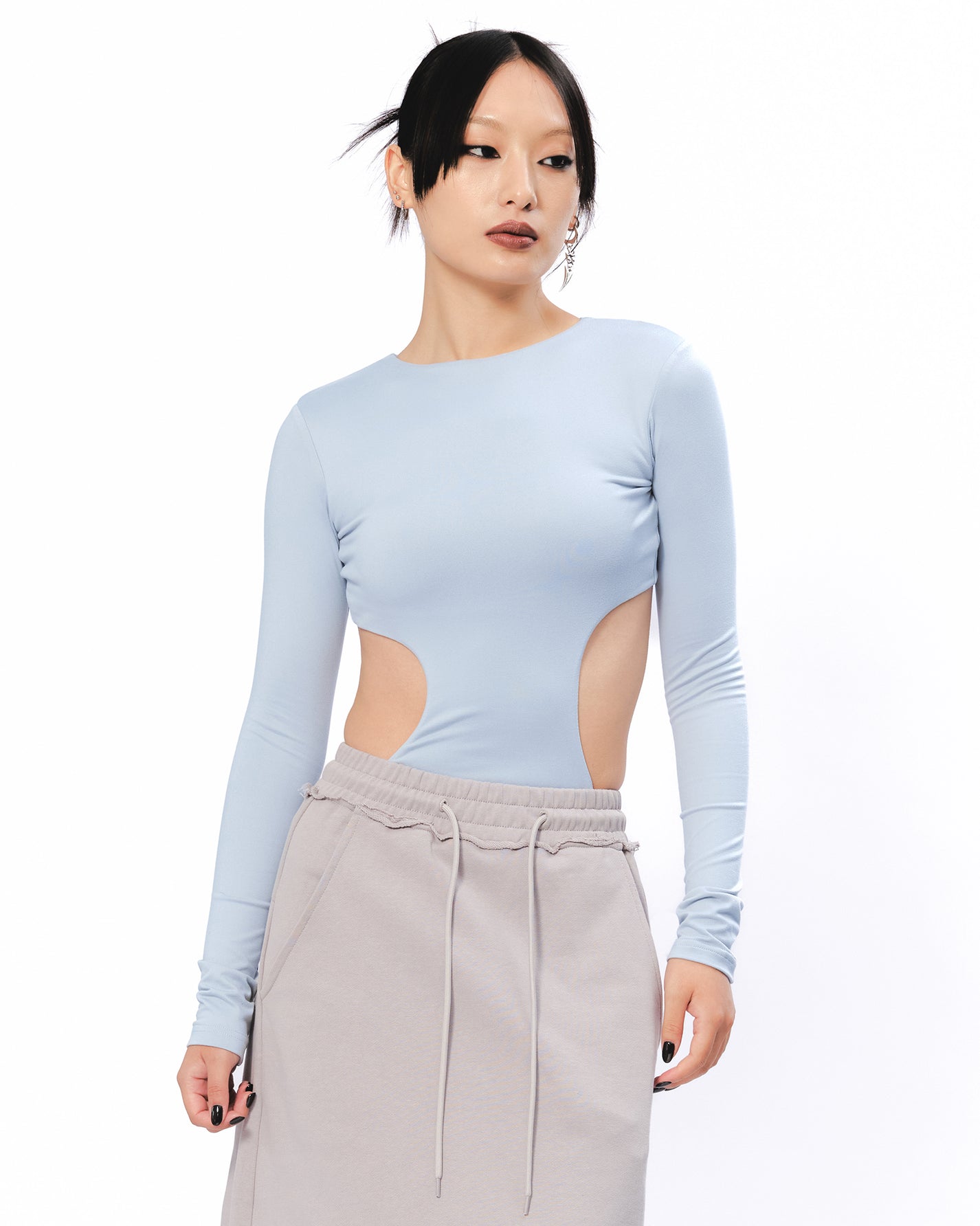 Backless Long Sleeve Bodysuit - Gray